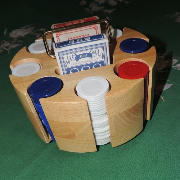 Metal Handled, Lazy Susan Rotating Solid Wood Carousel w/Vintage 1960's Chips - Picture 2 of 8